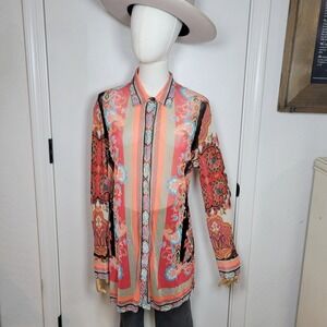 Chico's Travelers Sheer Paisley Aztec Button Up Shirt 8/10 Resort Wear Vacation